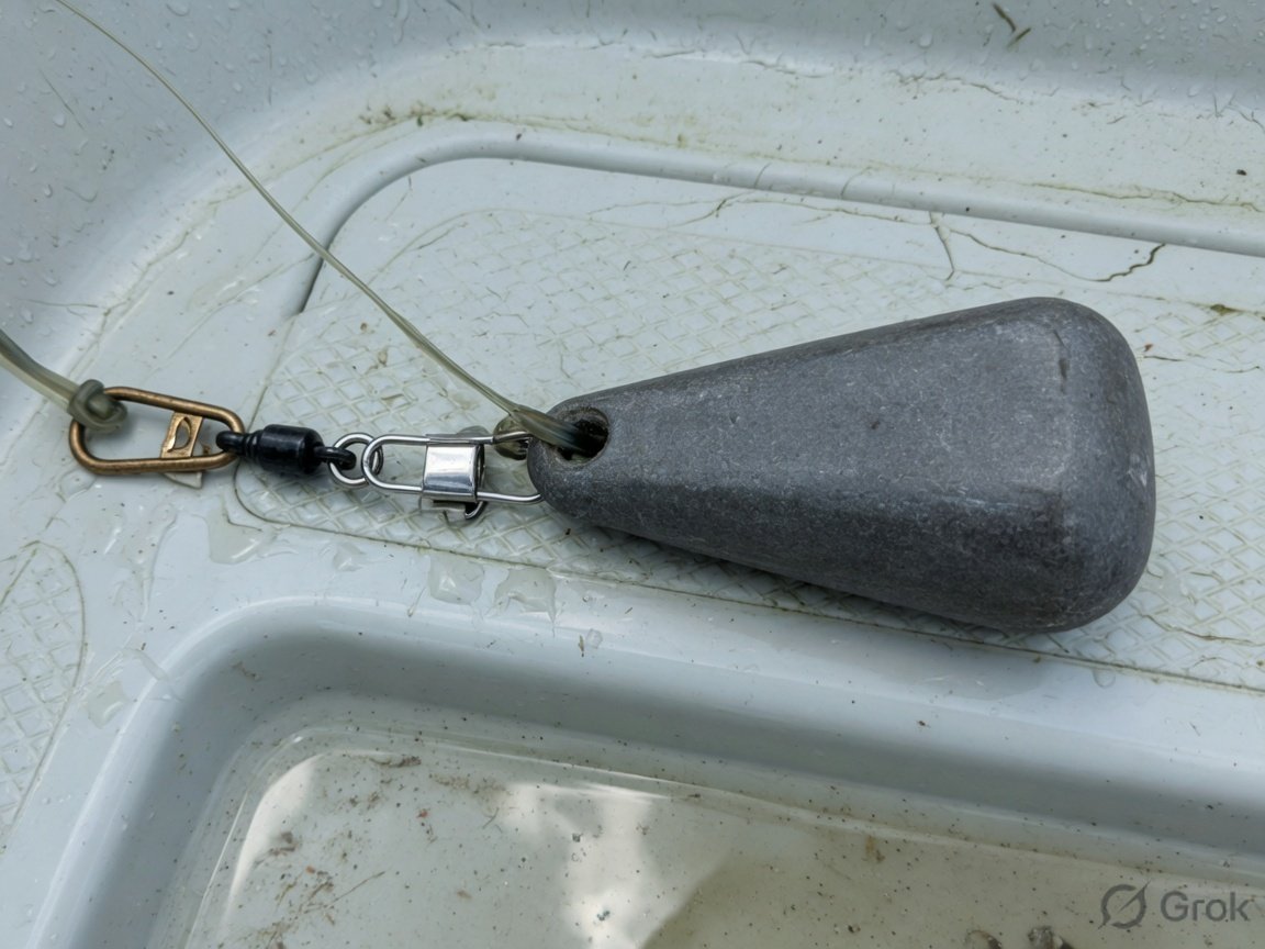 Heavy bank sinker snapped to a deep drop rig