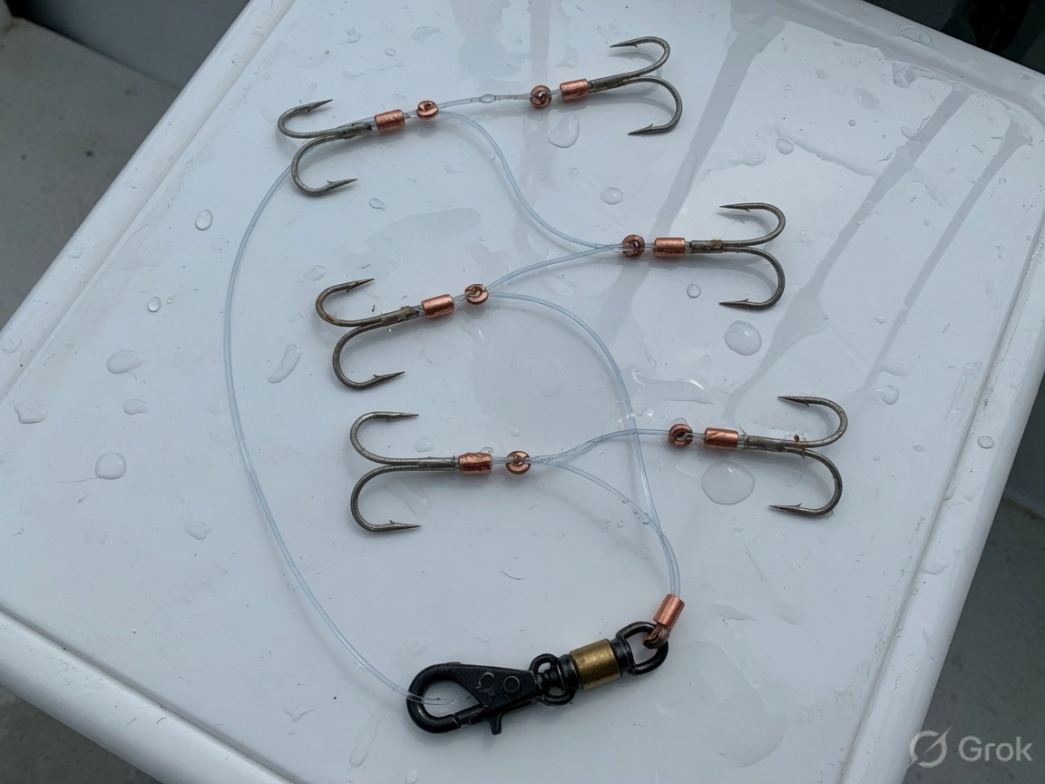 Multi-hook chicken rig with circle hooks and a snap for the weight