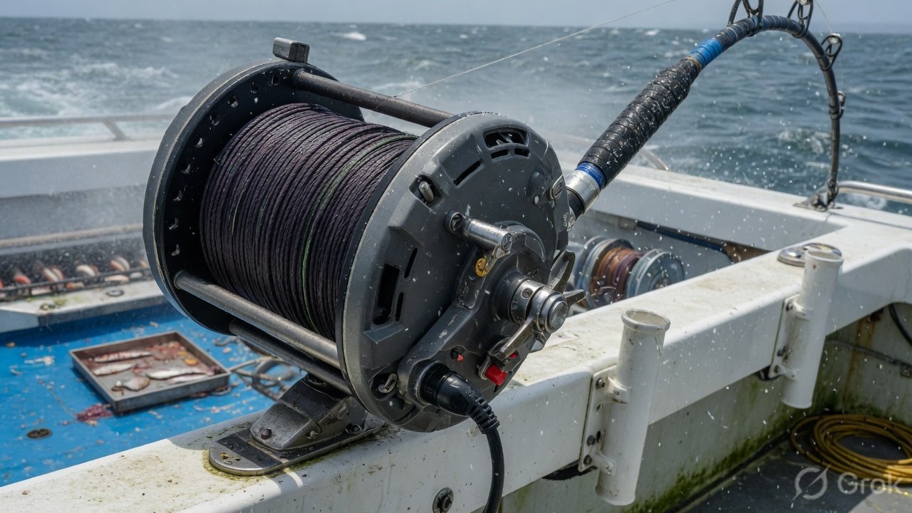 Electric fishing reel spooled with braid for deep drop fishing