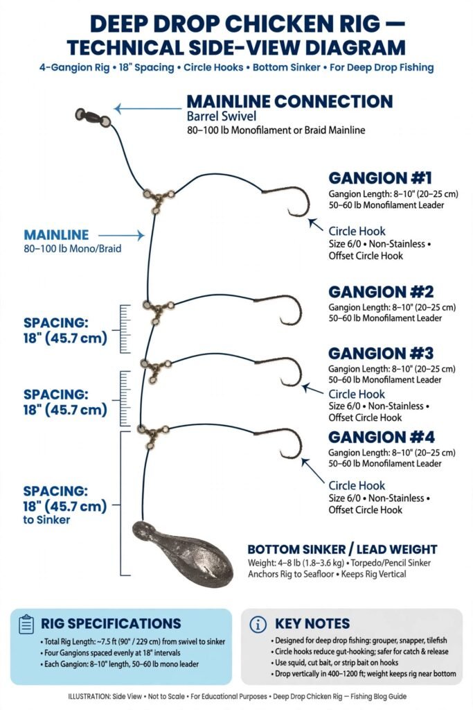Diagram of a deep drop chicken rig showing 4 gangions with circle hooks spaced 18 inches apart and bottom sinker for tilefish fishing