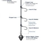 Deep drop dropper rig side view with dropper loops, three hooks and bottom weight