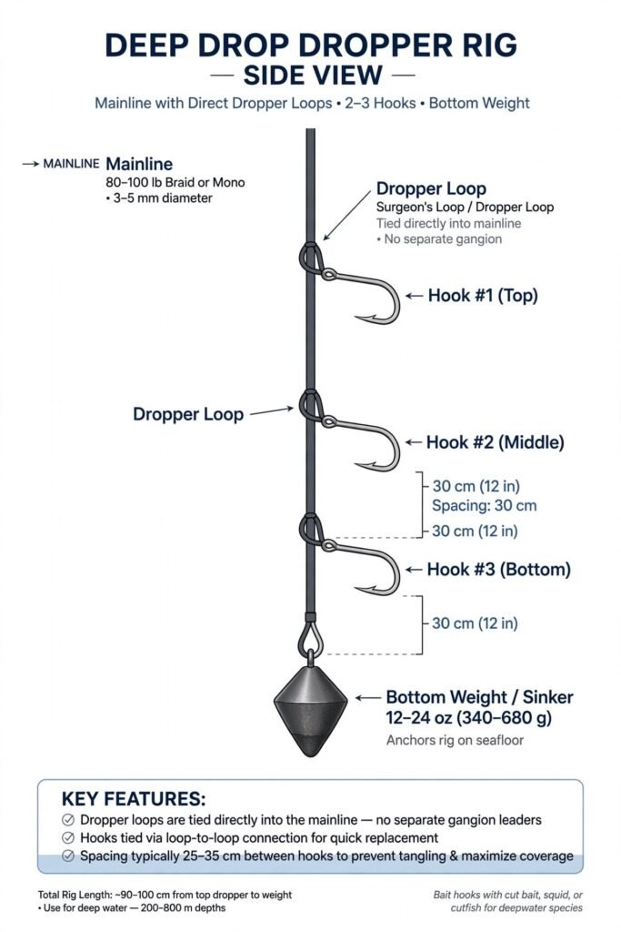 Simple deep drop dropper rig with dropper loops tied directly into mainline with 3 hooks and bottom weight