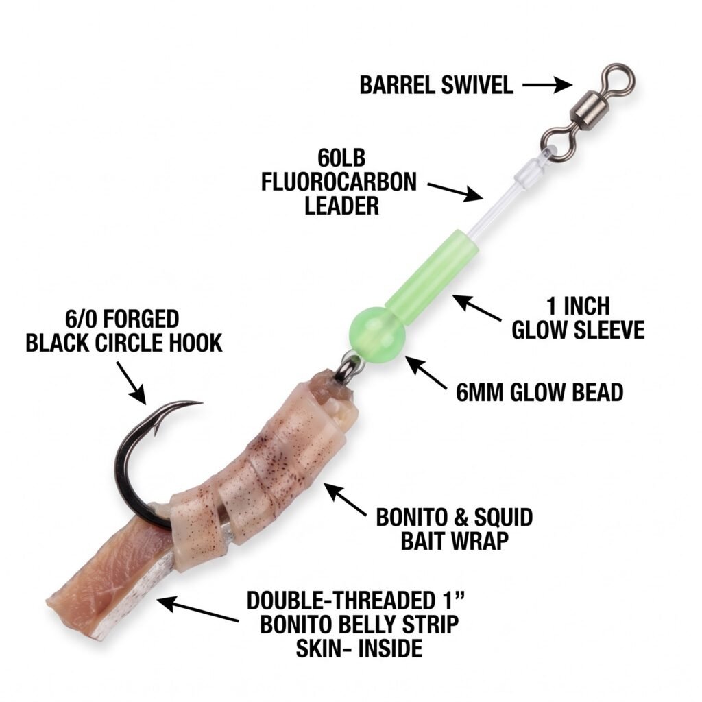 Deep drop fishing rig with squid strip and cut bait combo on 6/0 circle hook with green glow bead and glow sleeve that stays on hook at 1000 feet