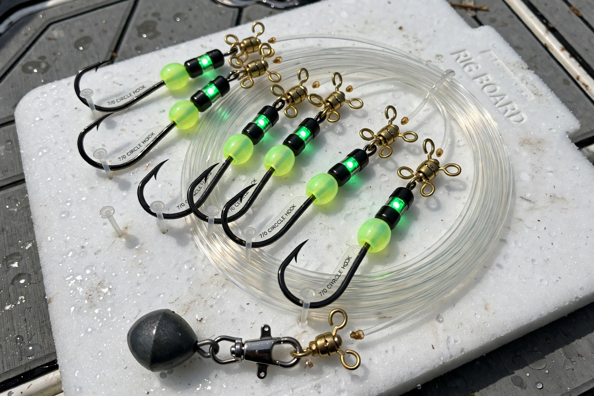 Finished deep drop chicken rig on a foam board