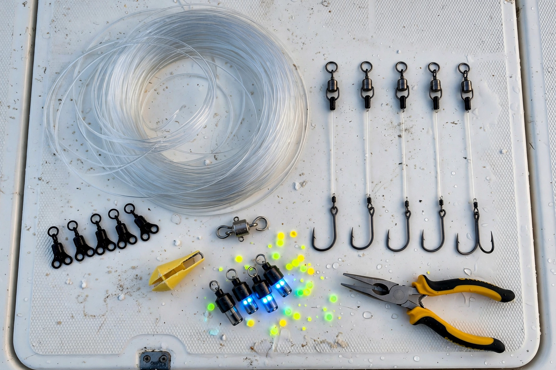 Deep drop chicken rig parts laid out: heavy mono, three-way swivels, circle hooks, glow beads, lights, pliers, and a sinker slide