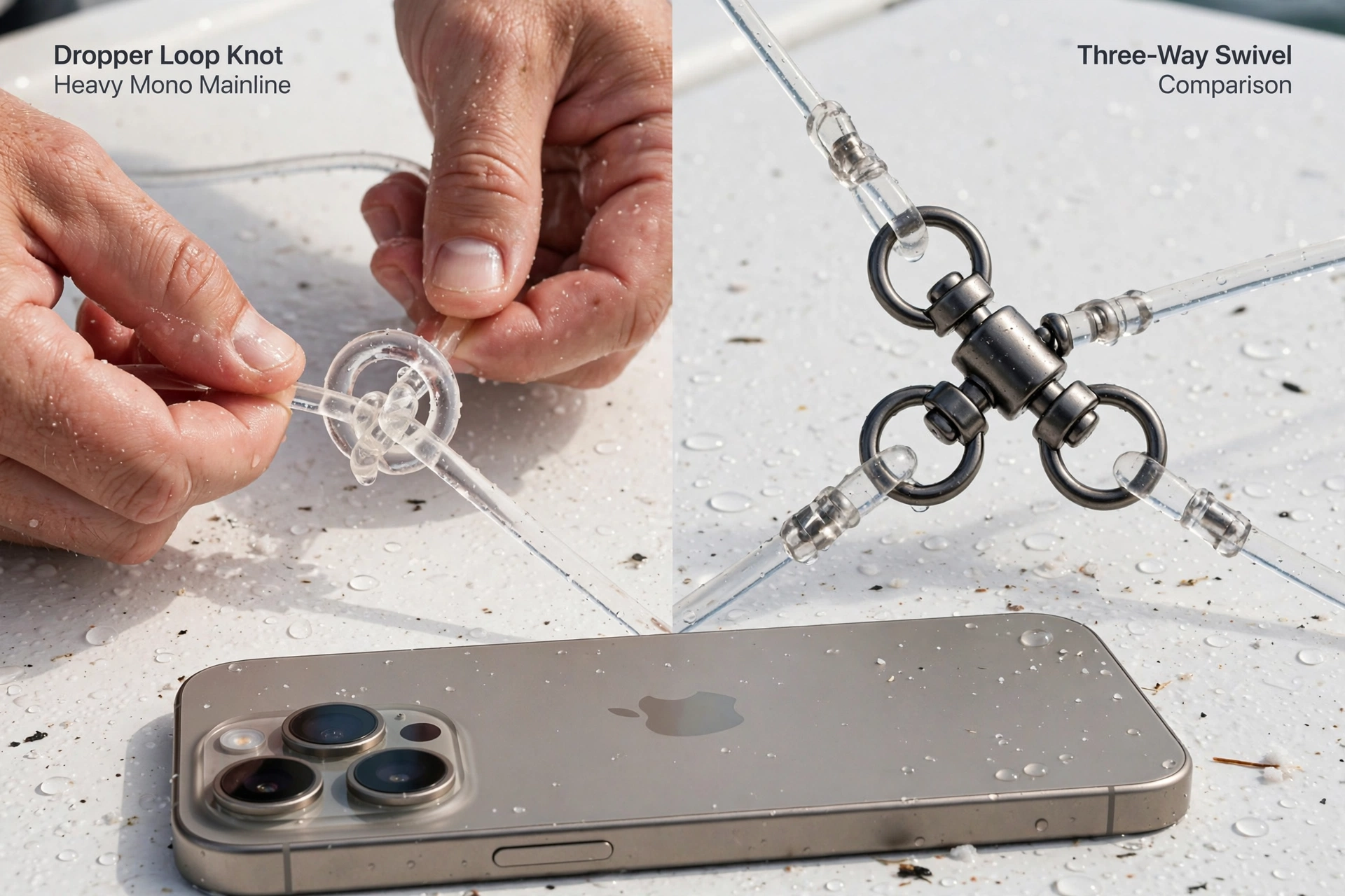 Side-by-side: tying a dropper loop in heavy mono, and a three-way swivel with mono on each eye