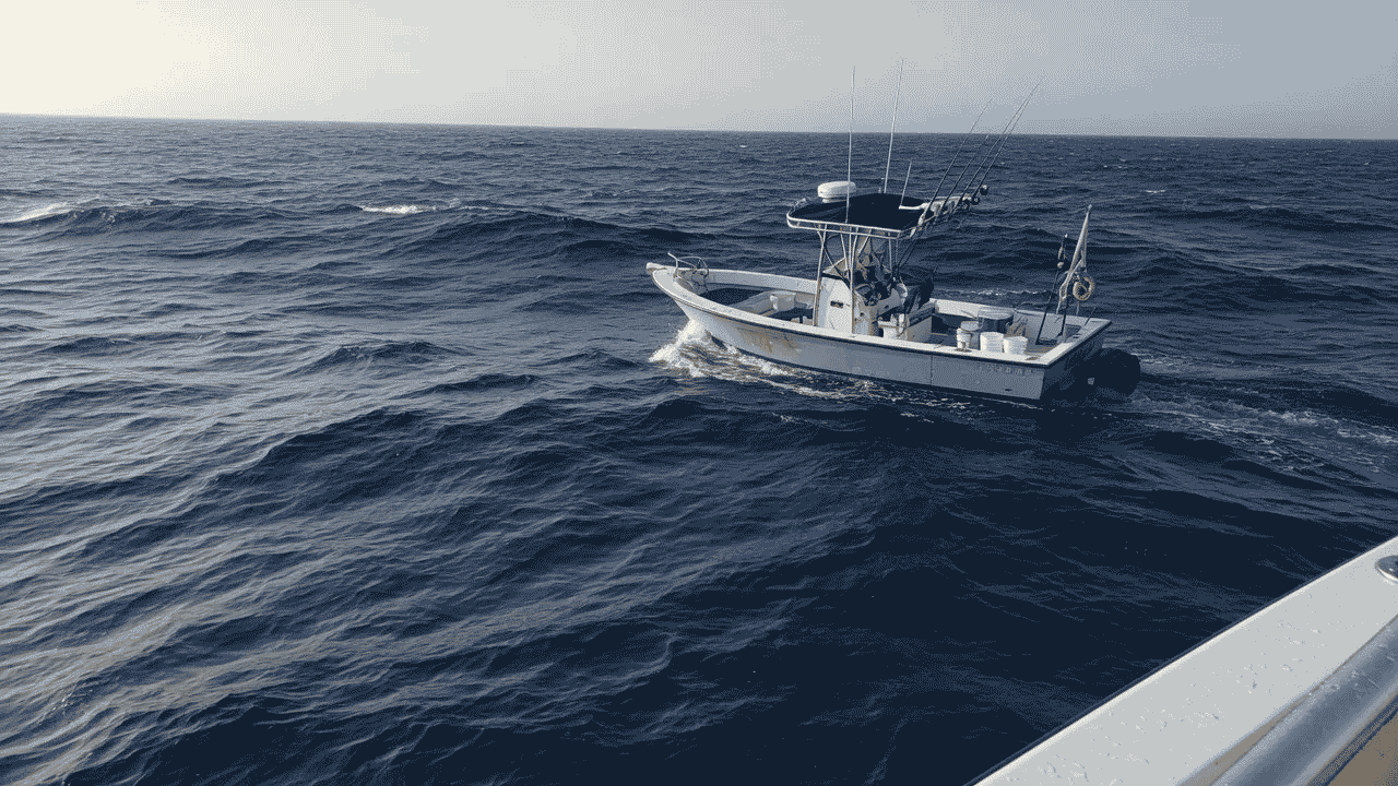 offshore sportfishing boat on open ocean - deep drop fishing
