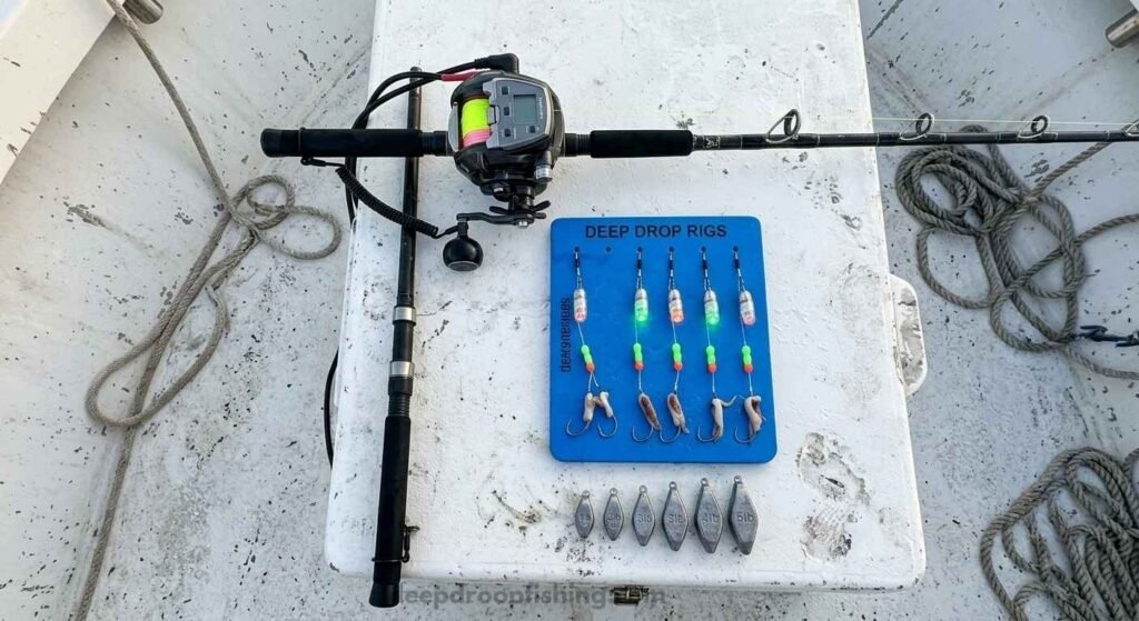 deep drop fishing gear complete beginner setup on boat deck with electric reel and weights