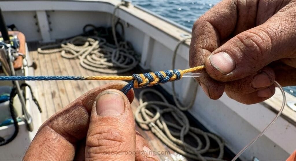 metered braided line with FG knot to wind-on leader for deep drop