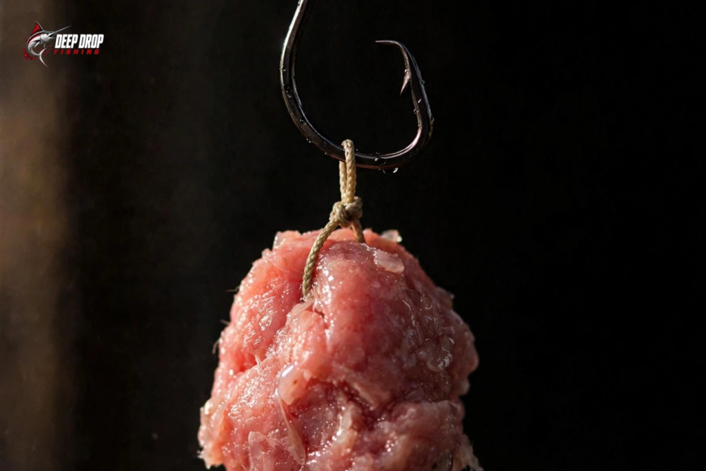 Diagram of a bridle rig on a big bait chunk with the hook through a thread loop so the bait hangs straight
