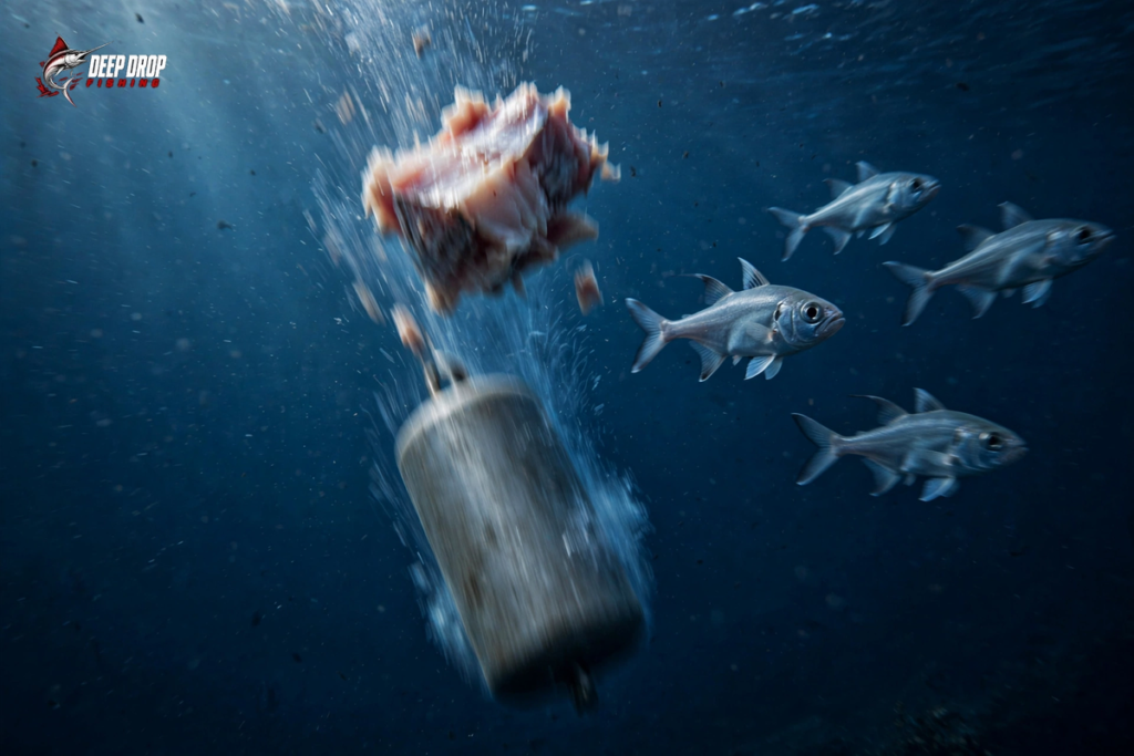 Photo of a cut-bait chunk and a heavy deep-drop weight plummeting fast through dark blue water past suspended fish turning away, with motion blur on the falling rig