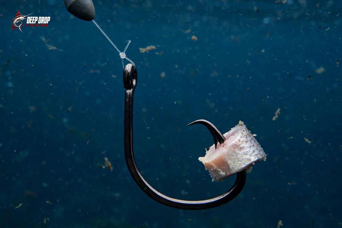 Underwater photo of a deep-drop fishing rig with a sinker weight, angled line, and a circle hook baited with cut bait drifting in dark blue water.