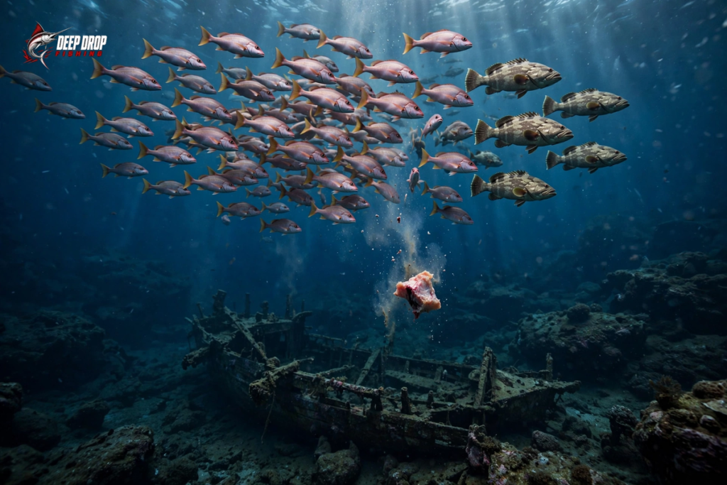 Underwater photo of a school of snapper and grouper suspended mid-water above a sunken shipwreck on the seafloor, with a cut bait chunk falling below the school toward the wreck