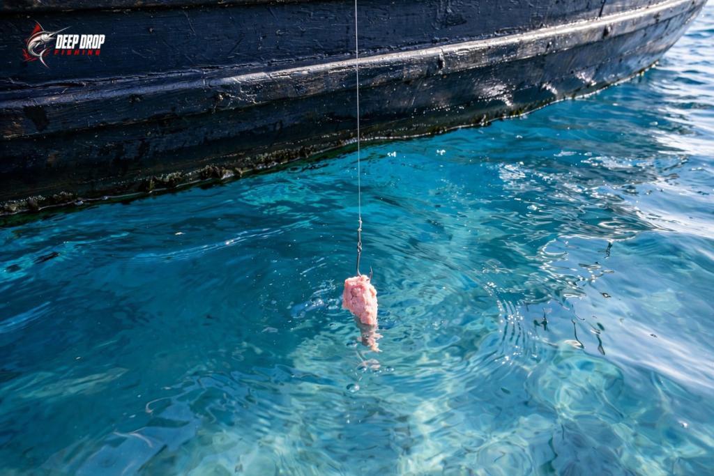 Diagram of the boat-side sink test showing bait lowered beside the boat to check for bait spinning on the drop before committing to a deep drop