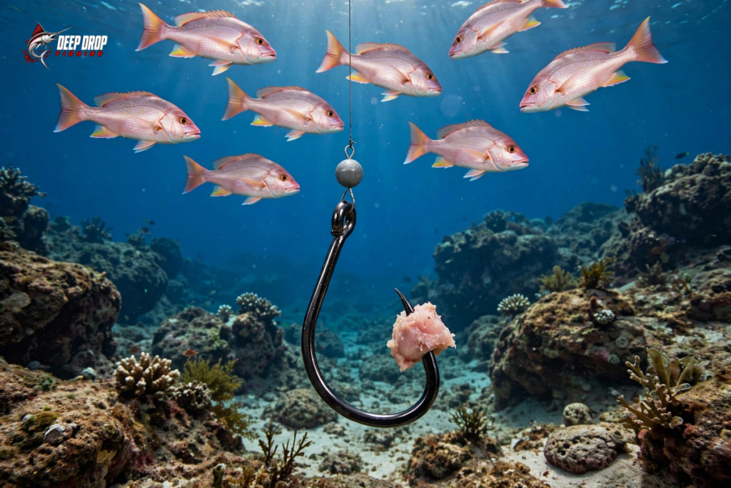 Underwater photo of a baited rig with a sinker descending on a line to the depth of a school of suspended snapper, with the seafloor far below