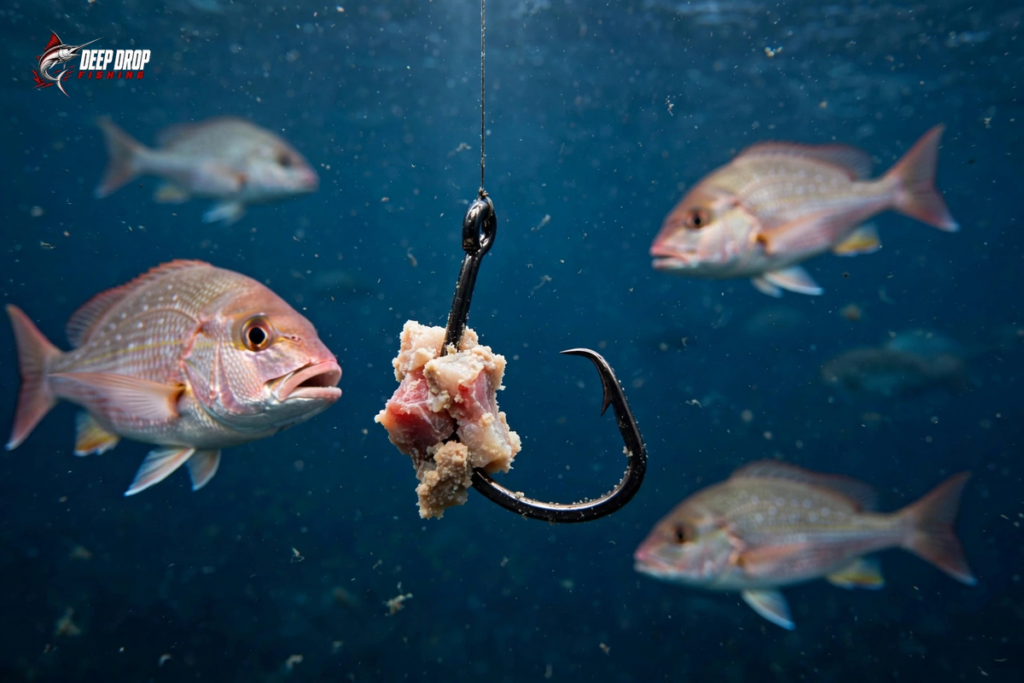 Underwater photo of a cut bait chunk hanging at mid-water among suspended snapper, with one snapper turning toward the bait