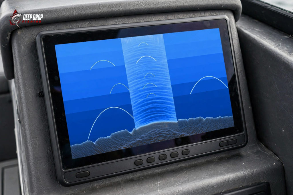 Photo of a fish-finder display unit on a boat console showing fish arches suspended in the mid-water column above the bottom contour