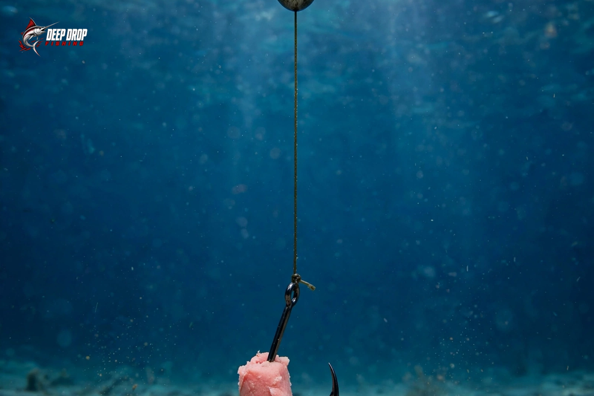 Underwater photo of a deep-drop rig hanging vertical with a sinker weight above a circle hook baited with cut bait just above the sandy seafloor.