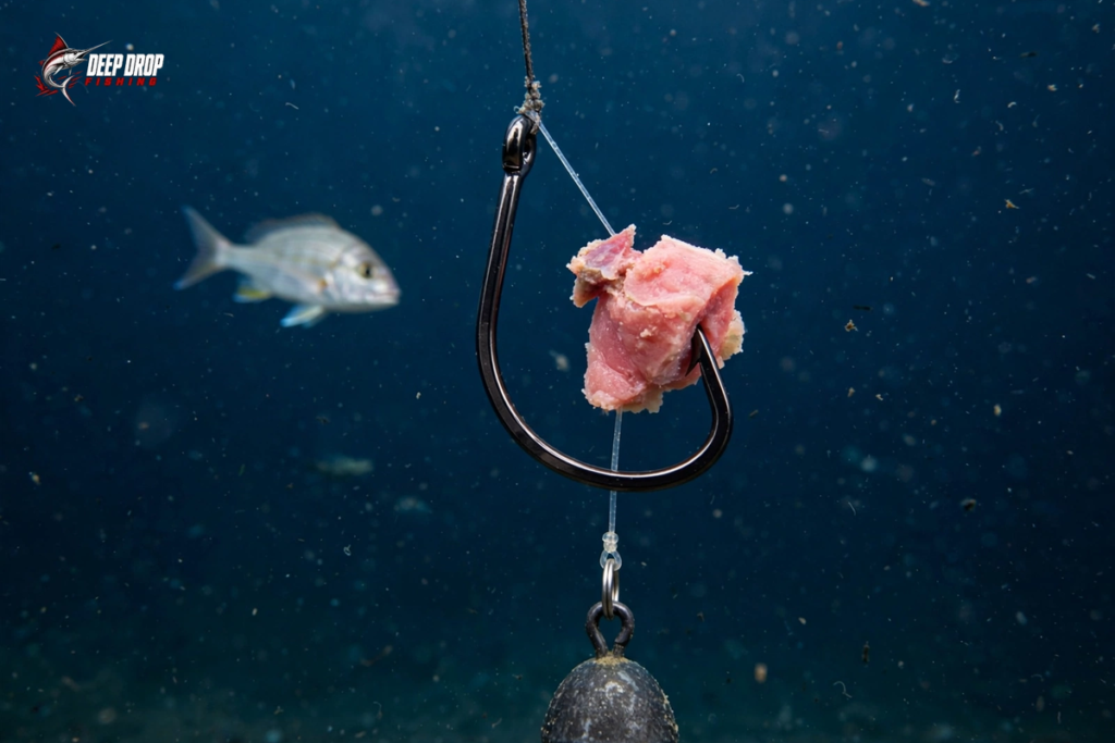 Photo of a cut-bait chunk and a heavy deep-drop weight sinking slowly and level through deep blue water with the line running straight up above, as a fish approaches the bait