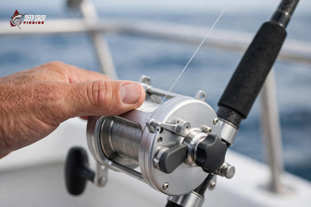 Photo of an angler's thumb resting lightly on the spool of a conventional offshore reel controlling the drop, line feeding out steadily, with boat rail and ocean behind