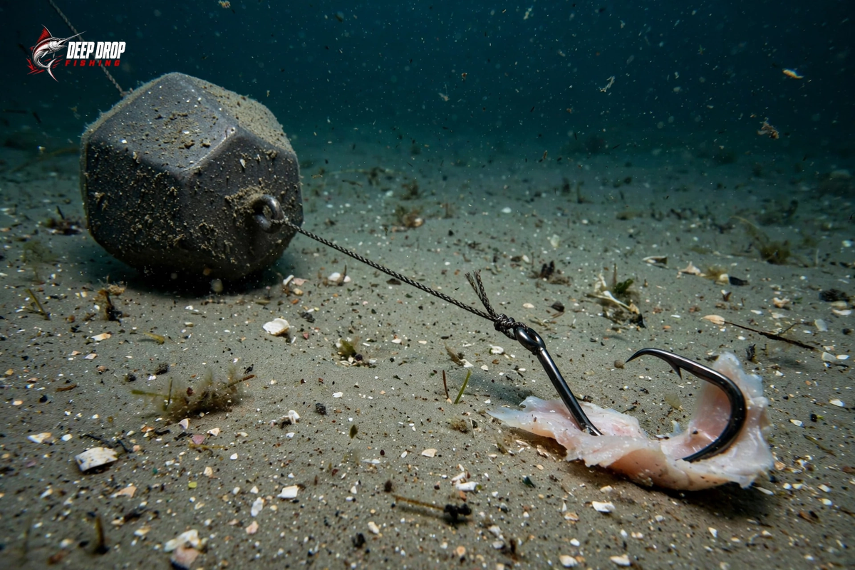 Underwater photo of an oversized sinker weight pinned on the sandy seafloor with cut bait dragged flat on the bottom and a taut line.