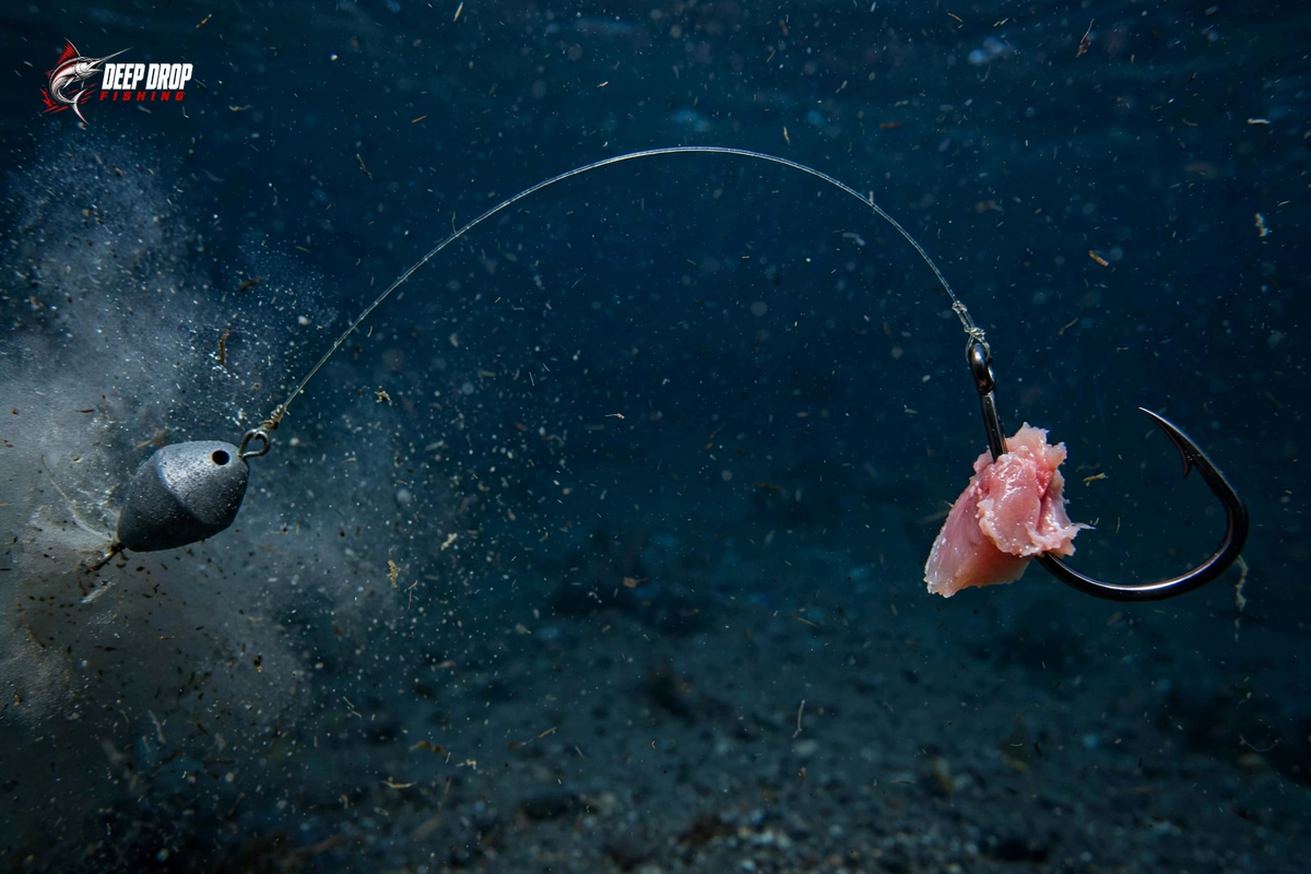 Underwater photo of a circle hook and cut bait drifting on a bowed line far from rocky structure below, showing a rig swept sideways by current.