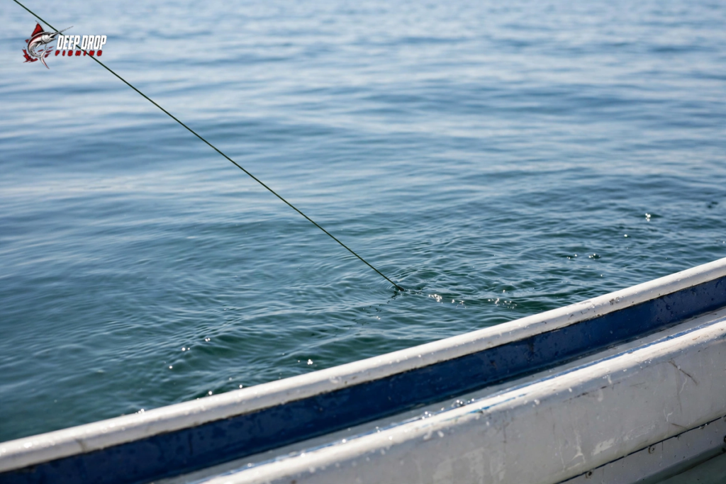 Photo of fishing line entering the water at a steady angle from the side of a boat, with small ripples where the line meets the water on a calm controlled drop
