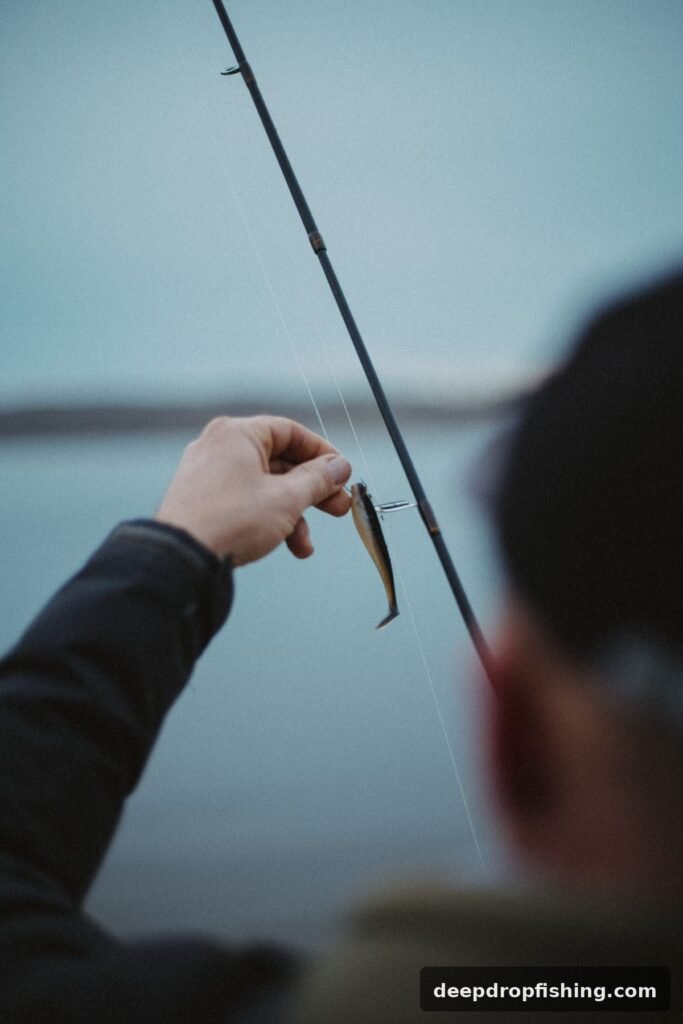 Angler holding baited hook beside rod at the transom