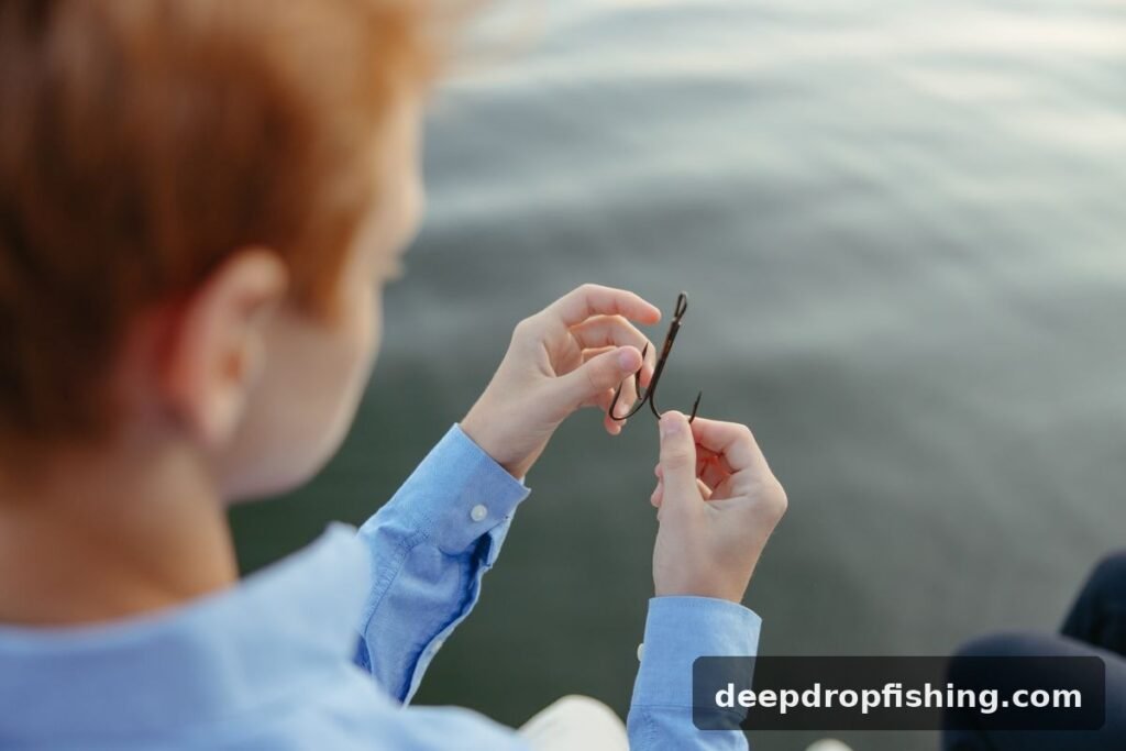 Fishing hooks held up near the water