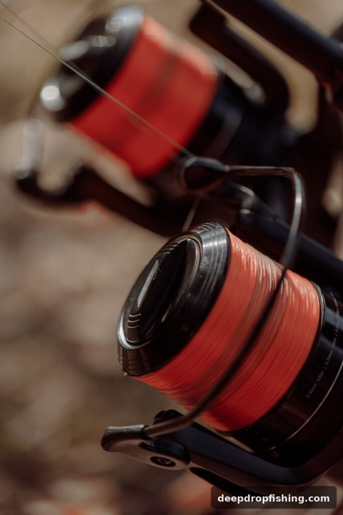 Fishing reel close-up with braided line